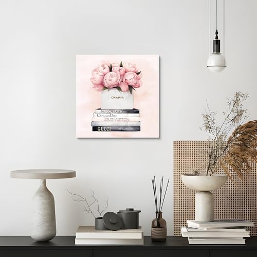 Image of cozy country Chanel-Inspired Canvas Wall Art - 12x12 Inches Luxury Fashion Artwork Print, Featuring Perfume, Books & Flowers, Perfect for Bathroom & Women's Room Decor