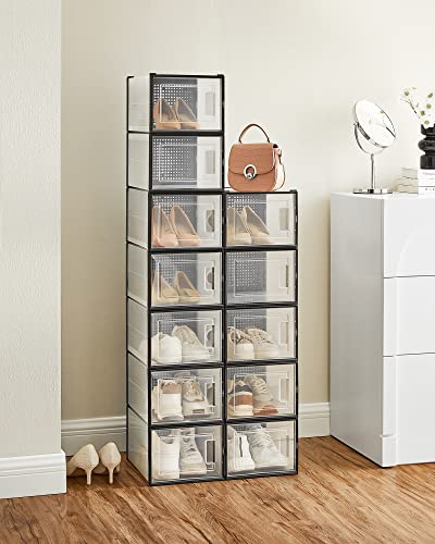 Image of SONGMICS Shoe Boxes, Pack of 12 Shoe Storage Organizers, Stackable Clear Plastic Boxes for Closet, Sneakers, 13.7 x 9.9 x 7.4 Inches, Transparent and Black ULSP007B12