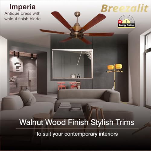 Image of Breezalit Imperia 1200 mm (48 Inch) 6-Blade Designer Ceiling Fan | 80 W Powerful Copper Motor | Antique Brass Body & Walnut Finish Blades | Silent High-Airflow | 2-Year Warranty