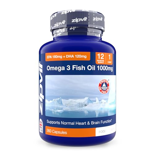 Omega 3 Fish Oil 1000mg 360 Softgel Capsules. 12 Months Supply. EPA 180mg DHA 120mg. Supports Heart Brain Function and Eye Health.