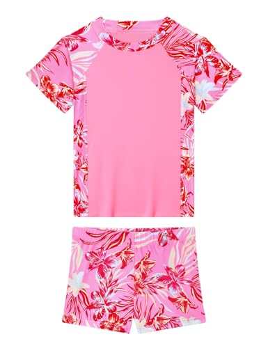 Image of Girls Swimsuit 2 Piece Rash Guard Set Short Sleeve Bathing Suits UPF 50+ Summer Beach Swimwear