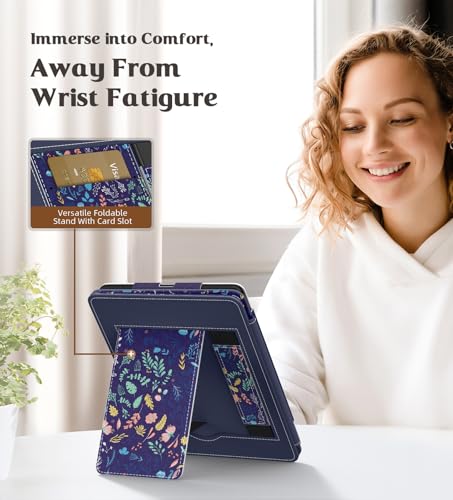 MoKo Case for 7"/6.8" Kindle Paperwhite(12th/11th Generation-2024/2021) and Kindle Colorsoft Signature Edition, Slim PU Shell Cover Case with Auto-Wake/Sleep for Kindle Paperwhite 2024,Flowers on Blue - Image 2