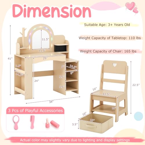 Image of Costzon Kids Vanity, Girls Vanity Set with Lighted Mirror, Bookshelf, Jewelry Storage, Toddler Makeup Vanity Desk Dressing Table, Wooden Kids Vanity Table and Chair Set (Natural)