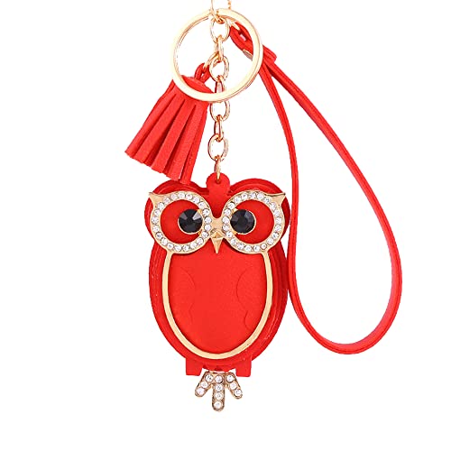 Porte-clés chouette pour femme - Strass brillants - Pendentif hibou - Avec pompons - Rouge Cover