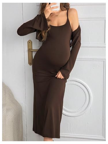 OYOANGLE Women's Maternity 2 Piece Outfits Scoop Neck Bodycon Long Cami Dress and Long Sleeve Cropped Cardigan Set4
