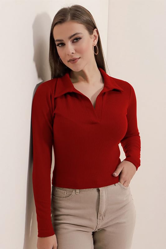Image of Dream Beauty Fashion Women's Collared Neck Long Sleeve Slim Fit Casual Tee Top, 23 inch inches (Apple-01-P)