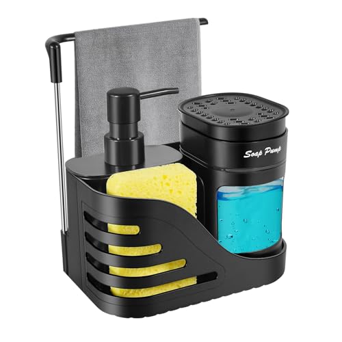 Dual Hand & Dish Soap Dispenser Doppelter Seifenspender küche-Set für die Küchenspüle, 4-in-1-Küchenspülorganisator mit Schwammhalter, Tuchstange, entfernbarem Spülseifenspender, Schwarz