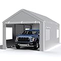 Carport 10x20 Ft, Heavy Duty Car Canopy with Reinforced Ground Bar, Portable Garage with Roll-up Windows and Removable Sidewalls, Galvanized Car Shelter, Large Outdoor Carports (Grey)