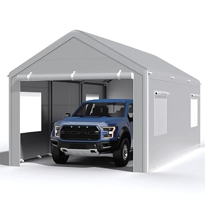 Carport 10x20 Ft, Heavy Duty Car Canopy with Reinforced Ground Bar, Portable Garage with Roll-up Windows and Removable Sidewalls, Galvanized Car Shelter, Large Outdoor Carports (Grey)