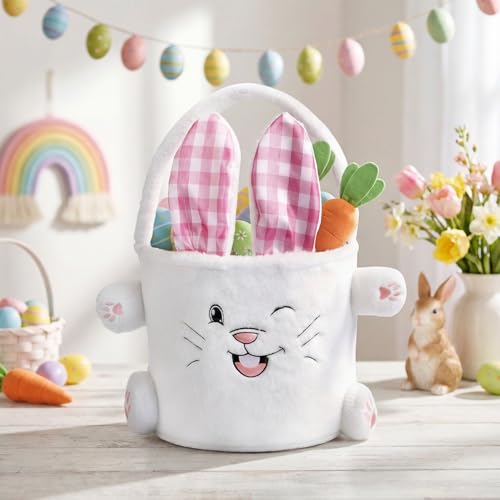 Image of ARVINKEY Easter Bunny Basket, Plush Bunny Easter Egg Hunting Bucket Bags with Rabbit Ears Egg Gift Bags Tote Bags for Easter Decorations,Candy Gifts Storage