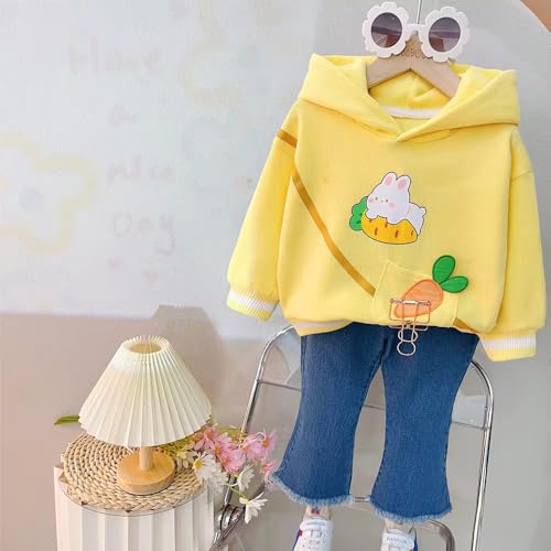 Image of Bold N Elegant Girl's Denim Solid Full Sleeve Bunny Print Sweatshirt Hoodie And Jeans With Frayed Hem