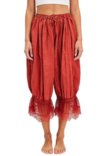Image of NUFIWI Women Ruffle Long Bloomer Y2k Lace Trim Pettipants Pantaloons Mid Rise Cropped Pajama Pants Under Dress Slips