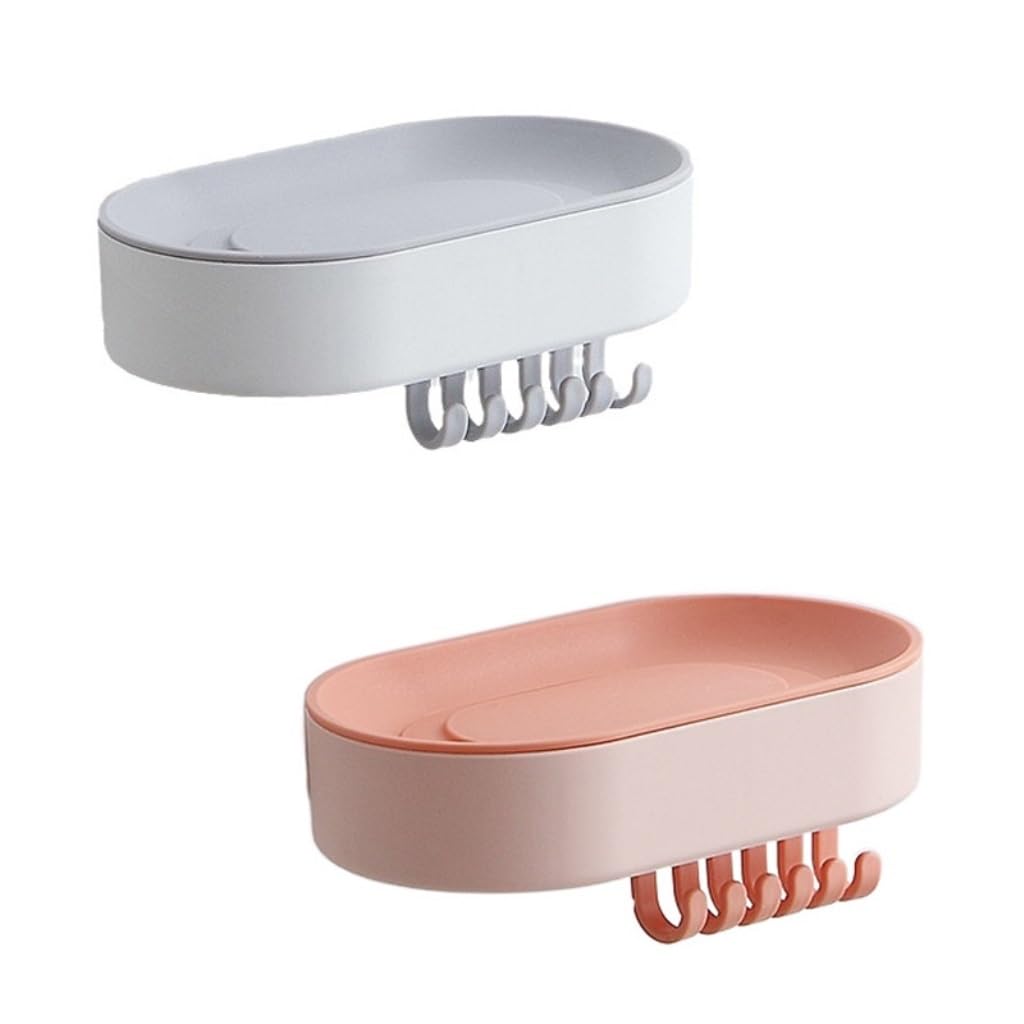 soap dish, Soap Dish 2 pcs Wall Mounted No Punch Drain Multicolor(White+pink)