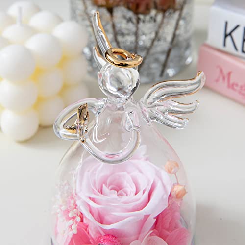 Yamonic Preserved Real Rose in Glass Angel Figurines, Handmade Flower Angel Gifts for Women, Mom, Friends on Valentine's Day, Mother's Day, Thanksgiving Day, Christmas Day - Pink