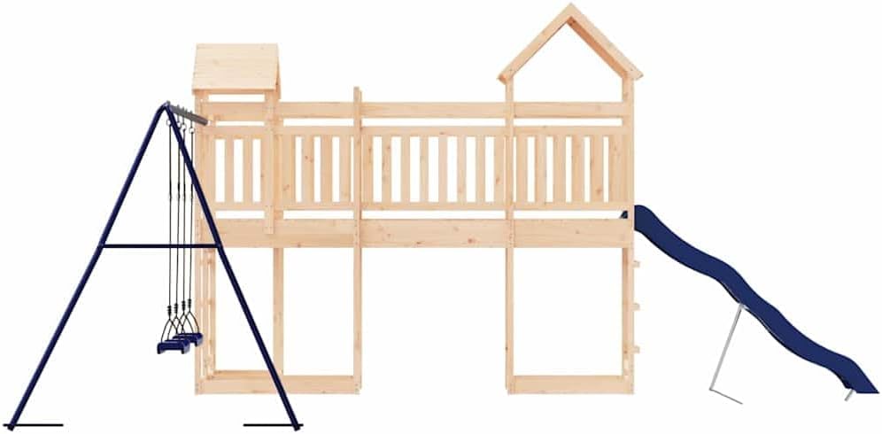 Outdoor Playset Pine Solid Wood Large Durable Structure with Wavy Slide and Two Swings for Backyard Fun and Active Playtime