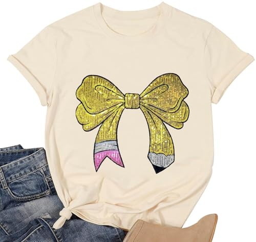 Teacher Shirt for Women Sequin Teacher Pencil Bow T-Shirt Short Sleeve Back to School Tee Tops