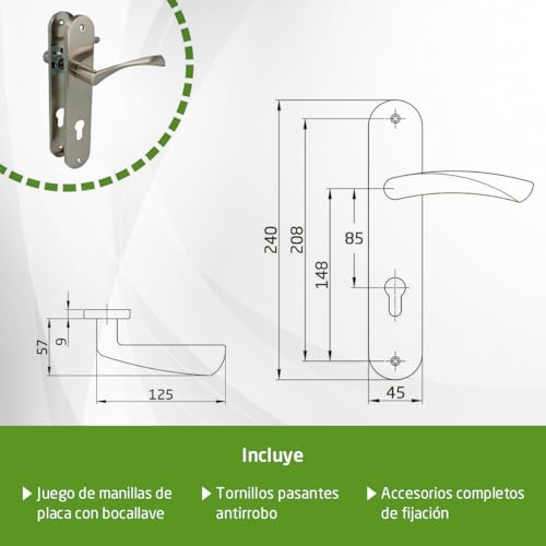 Miniatura 5 de Amig - Juego De Manillas De Aluminio Con Placa Cuadrada 240x45mm - 122mm Cuadradillo 8mm Con Bocallave 85mm Manillas Para Puertas Interior Y Exterior Aluminio Con Acabado Níquel Cepillado