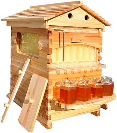 Self-Flowing Honey Bee Hive Set with 7 Honey Comb Frames, 100% Beeswax Coating & Durable Fir Wood for Honey Production, Pollination, Queen Rearing, and Colony Growth – for Beginner and Pro Beekeepers