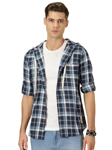 Image of Thomas Scott Men's | Checks | Full Sleeve | Regular Fit | 100% Cotton | Hooded | Casual Shirt