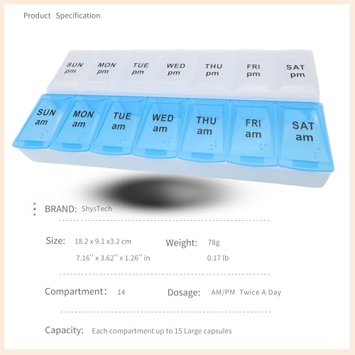 Image of 7 Day Weekly Pill AM PM Organizer, ShysTech Large Pill Case Pill Box for Pills /Vitamin /Supplements /Medication (Blue /White)
