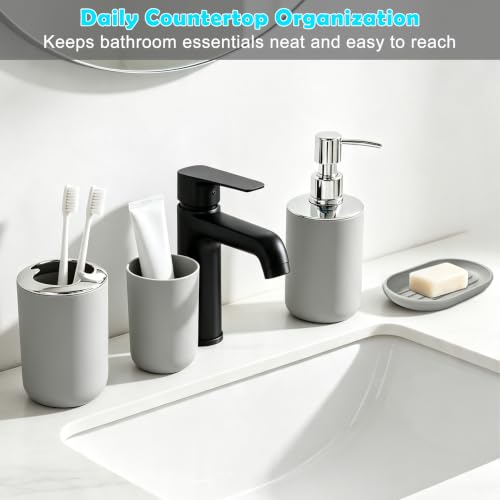 Image of Compact 6-Piece Grey Plastic Bathroom Accessories Set with Small Trash Can, Soap Dispenser, Toothbrush Holder, Cup, Soap Dish, Toilet Brush for Guest Bathroom Dorm Apartment