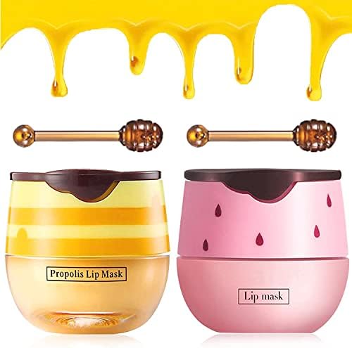 2PCS Bee Balm Honey & Strawberry Lip Balm, Exfoliating Honey Pot Lip Balm Sleeping Lip Mask with Brush, Hydrating & Prevention Dry and Cracked, Lip Scrubs Exfoliator & Moisturizer (Yellow+Pink)