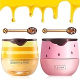 2PCS Bee Balm Honey & Strawberry Lip Balm, Exfoliating Honey Pot Lip Balm Sleeping Lip Mask with Bru