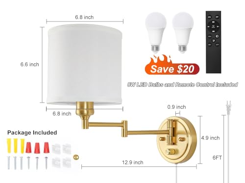 Image of Plug in Wall Sconces with Remote Control, Dimming 10%-100% & Adjustable Colors 2700K-6500K, Hardwire or Plug-in, Swing Arm Wall Lamp with White Fabric Shade, Wall Sconces Set of Two, Gold Finish