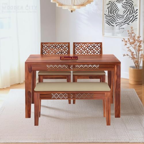 THE WOODEN CITY Solid Sheesham Wood Dining Table 4 Seater Dining ...