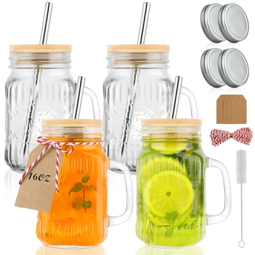 Magicsky Mason Jar Cups with Handles, Vintage...