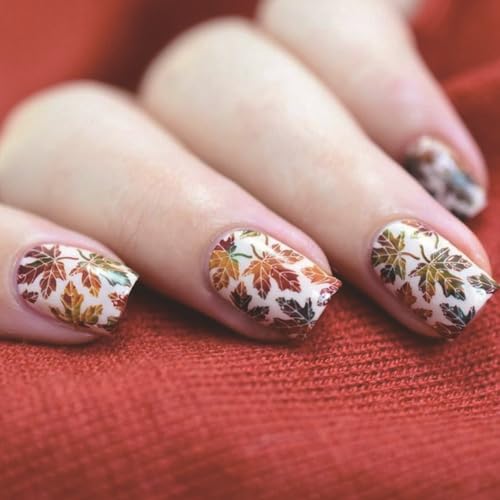 24Pcs Fall Press on Nails Short Fake Nails Colorful Maple Leaf Gl...