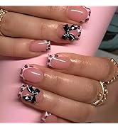 Valentines Press on Nails Short Square Fake Nails with Black 3D Bow Design Pink Glue on Nails Leo...