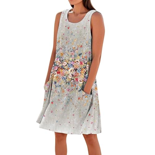 Generisch Leinenkleider Damen Sommer,Strandkleid Damen Sommerkleid Ärmellos Round-Ausschnitt Strandkleid Blumen Knielang Leicht Kurzarm Kleid...