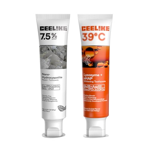 CEELIKE Pasta de Dientes Set – 7.5% Pasta de Hidroxiapatita para Reparación de Esmalte & Remineralización + Pasta de Dientes Blanqueadora 39˚C con Lisosima para Aliento Fresco