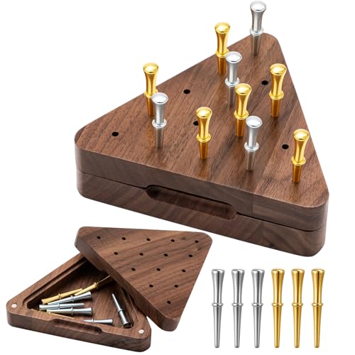 Estune 1 Set 4.3 Inch Walnut Wooden Tricky Triangle Peg Game Portable Board Triangular Game Set with Storage Box for Adults Travel Party