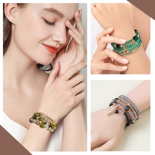 APMGONT Boho Kristall Perlen Armband, 4 Stück Boho Quaste Armbänder für Damen, Natürliches Kristall Heilsteine Armband, Statement Armreifen für Weihnachten, Valentinstag, Geburtstag (Beige)