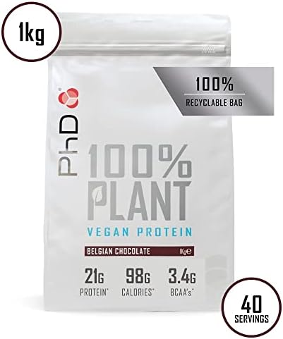 PhD Nutrition 100% Plant Vegan Protein Powder, Belgian Chocolate Plant Protein, 21g of Protein, 40 Servings per 1 kg Bag