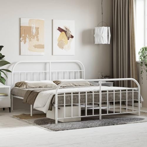Keyroto Cama de matrimonio de hierro forjado con estructura de cama de 160 x 200 cm, cama de hierro forjado con cabecero y piecero, de metal blanco, 160 x 200 cm