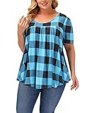 ALLEGRACE Women Plus Size Blouses for Work Office Short Sleeve Summer Casual Blouse Tops P154 Checkered Blue 2X