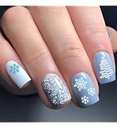 Christmas Press on Nails Short Square SWEKKE Fake Nails Blue Full Cover White Snow Christmas Tree...