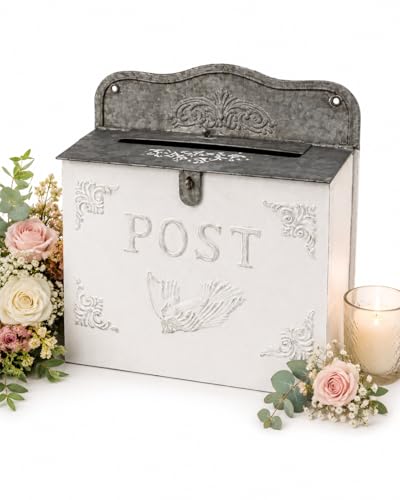 Vintage Style Wedding Card Box Nostalgic Farmhouse Keepsake Holder for Cards Wishes & Treasured Moments (White Horizontal)