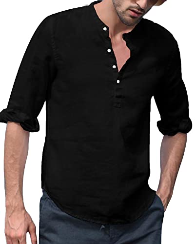 YAOBAOLE Oberhemd Herren Langarm Regular Fit Businesshemd Herren Hemd Leinen Schwarz XL Cover