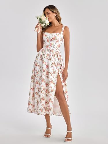 Image of KUTUMAI Floral Corset Midi Dress Flowy Slit Summer Spring Wedding Guest Dresses for Women Sundress with Pockets