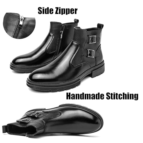 SYNTHESIS Men's Leather Platform Chelsea Ankle Boots,Fashion Bukle Strap Side Zipper High Top Dressy Booties,Casual Non-slip Motorcycle Combat Boots2