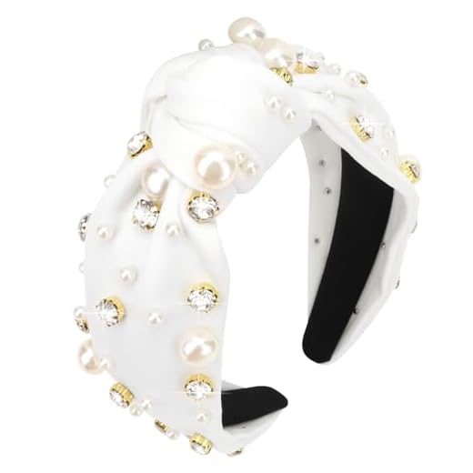 YISSION 1PC Crystal Pearl Knotted Headband for Women Non Slip Rhinestone Headband Wide Pearl Headbands for women Jeweled Embellished Hairband White Head Band Hair Accessories for Women Girls