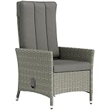 Outsunny Rattan Garden Recliner Chair, Wicker Reclining Armchair with Adjustable Backrest and Cushion, Outdoor Lounge Sun Lounger with Armrests for Patio Balcony Porch, Grey