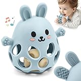 Forma de Conejo de Pascua Alivio de la Dentición Mordedor Juguetes Bebés, Mordedor Seguro con Sonajero, Blandito y Fácil Agarre Silicona Alimenticia, Juguete 3 6 9 12 18 Meses Niño Niña Autismo, Azul