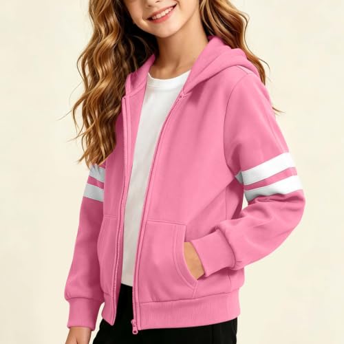 Girls Zip Up Hoodie Size 10-12 Cute Striped Sleeves Hooded Sweatshirts Boys - image 5