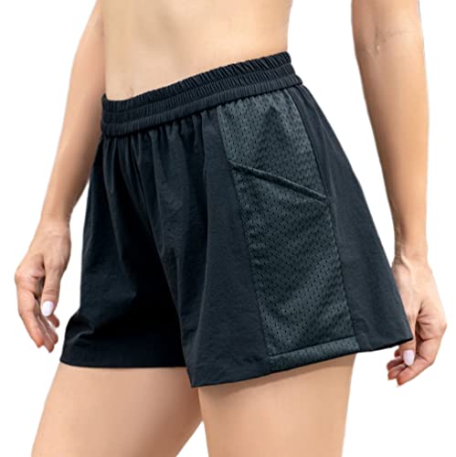 Belisy Pantalones cortos 2 en 1 para mujer con bolsillos de malla para verano, ciclismo, entrenamiento, deportes, pantalones cortos, Negro, S Cover