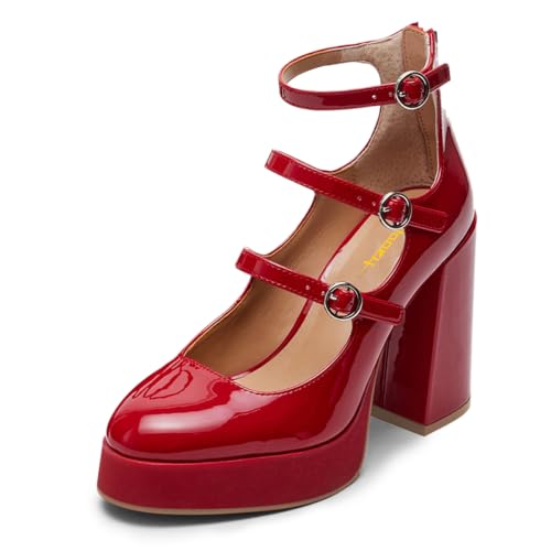 Milooey shoes Women's Round Toe Platform Mary Jane Triple Ankle Strap Chunky High Heel Pumps Back Zipper Dress Cute Party Shoes Size 4-16 Us